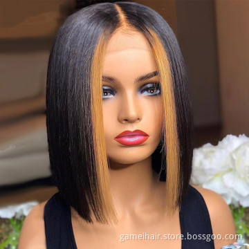 Short Bob Wig Brazilian Straight Highlight Wig Ombre Human Hair for Women Natural T Part Lace Bob Wig
